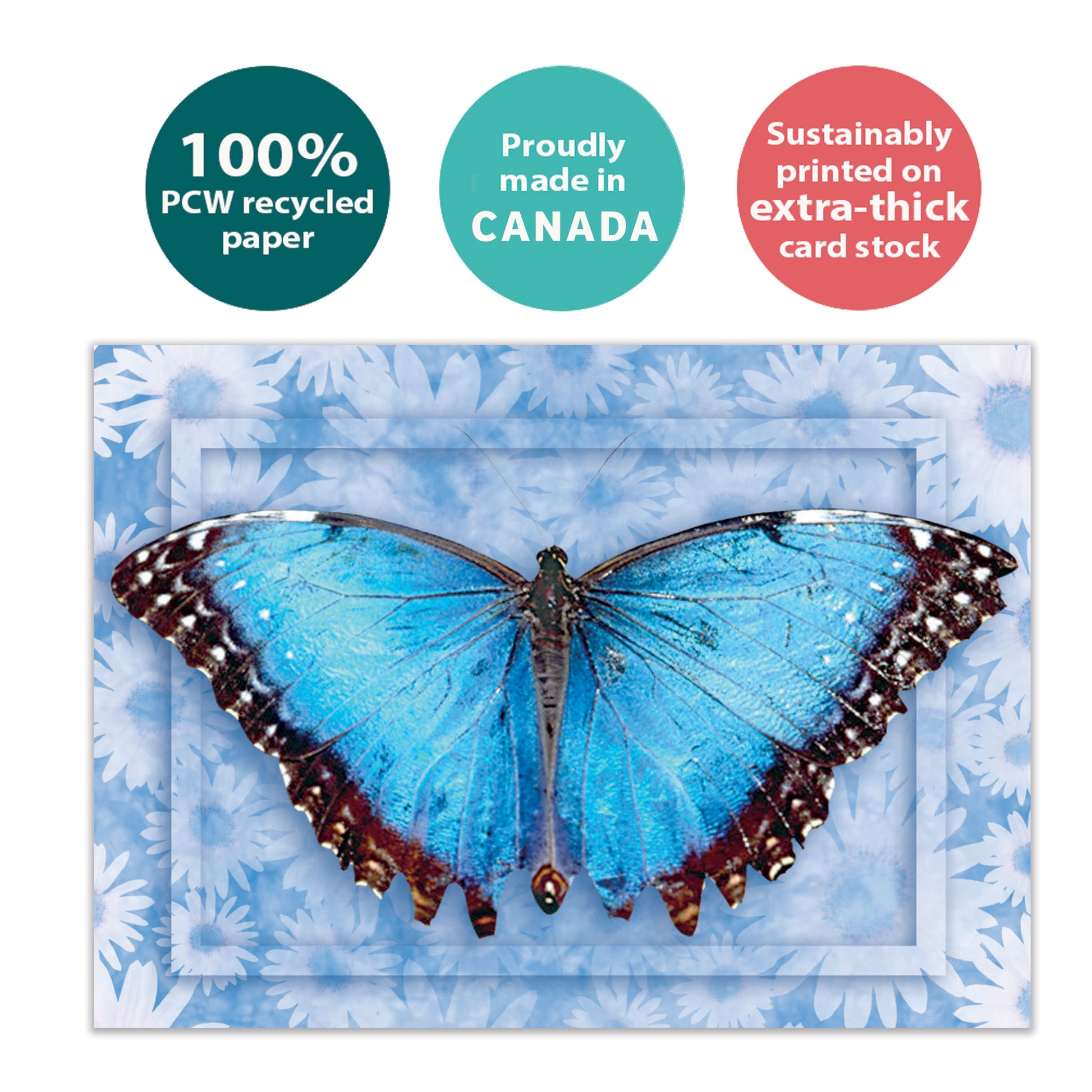 Front view of an eco-friendly All Occasion greeting card featuring a vibrant blue butterfly on a blue floral background, made sustainably in Canada.