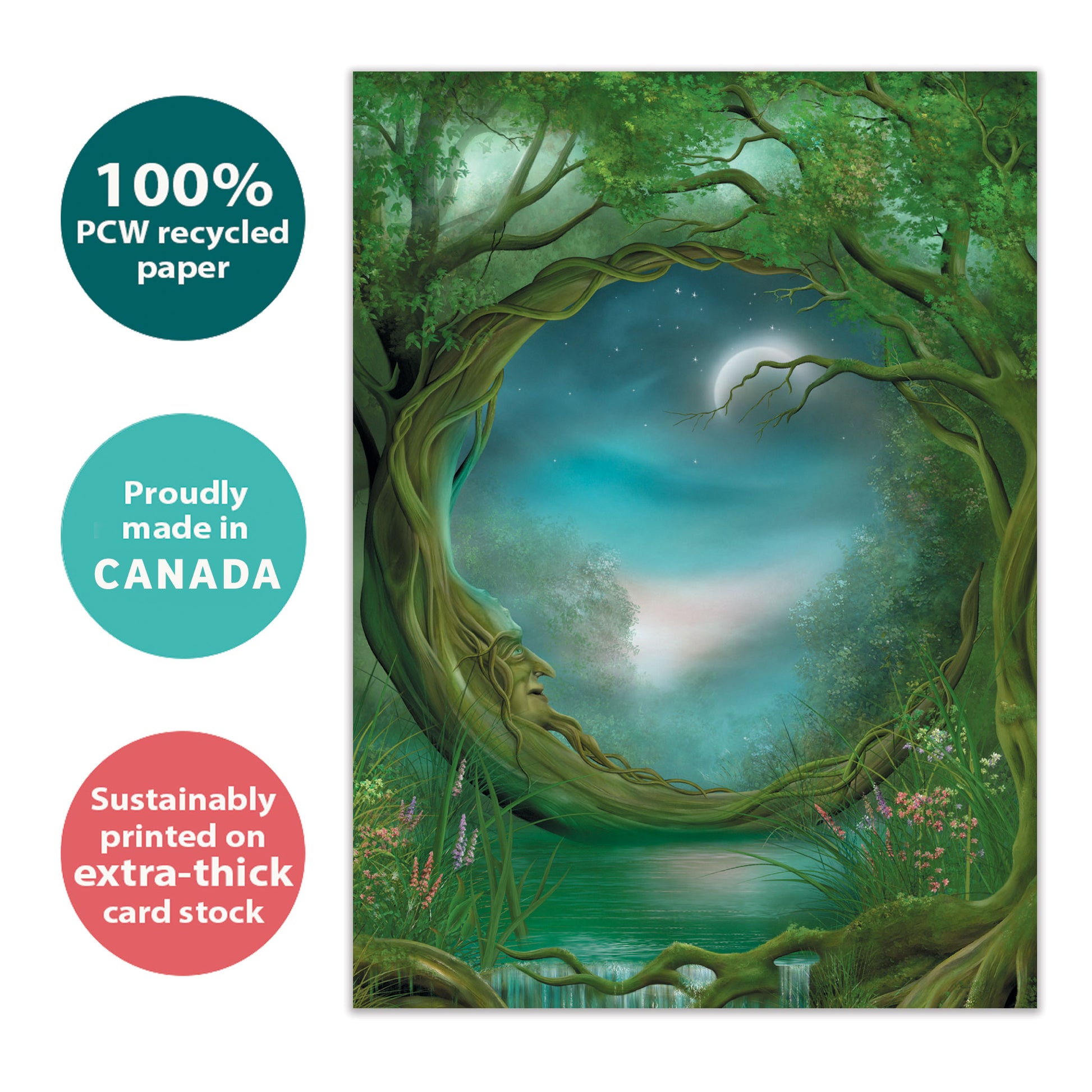 Front view of an eco-friendly All Occasion greeting card featuring a tree in a mystical forest, created sustainably in Canada.