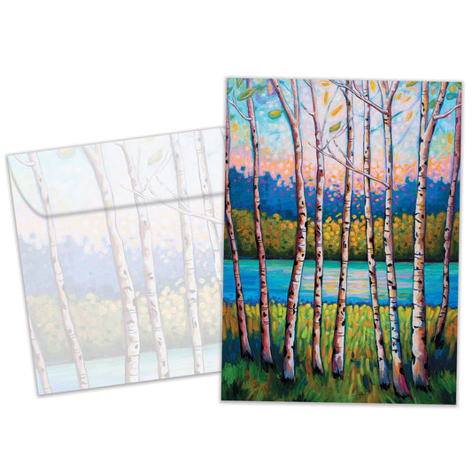 Front view of an All Occasion greeting card and matching envelope with a peaceful illustration of a forest beside a gentle stream.
