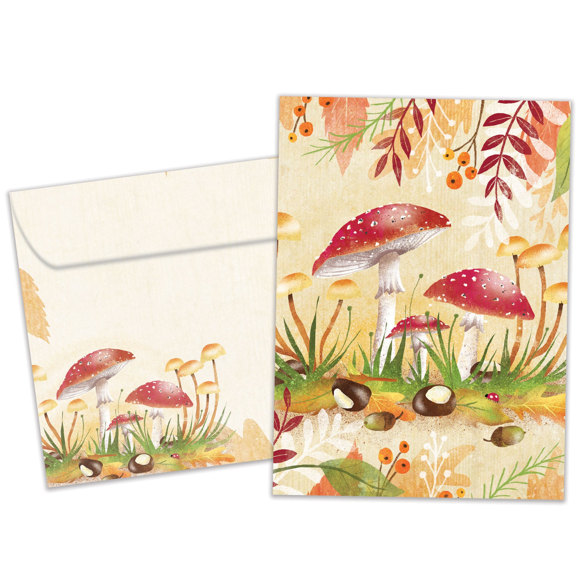 Front view of an All Occasion greeting card and matching envelope with a vibrant illustration of colourful mushrooms in a lush forest.