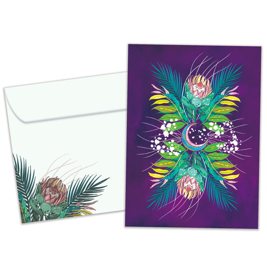 Front view of an All Occasion greeting card and matching envelope with a vibrant illustration of colourful foliage and the moon.
