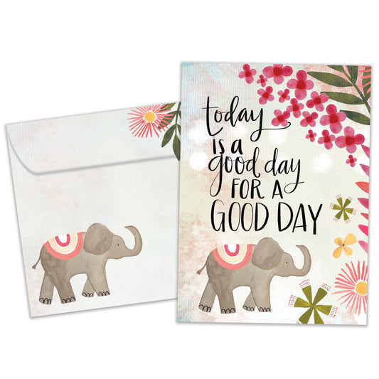 Front view of an All Occasion greeting card and matching envelope with an illustration of an elephant, flowers, and a cheerful good day message.