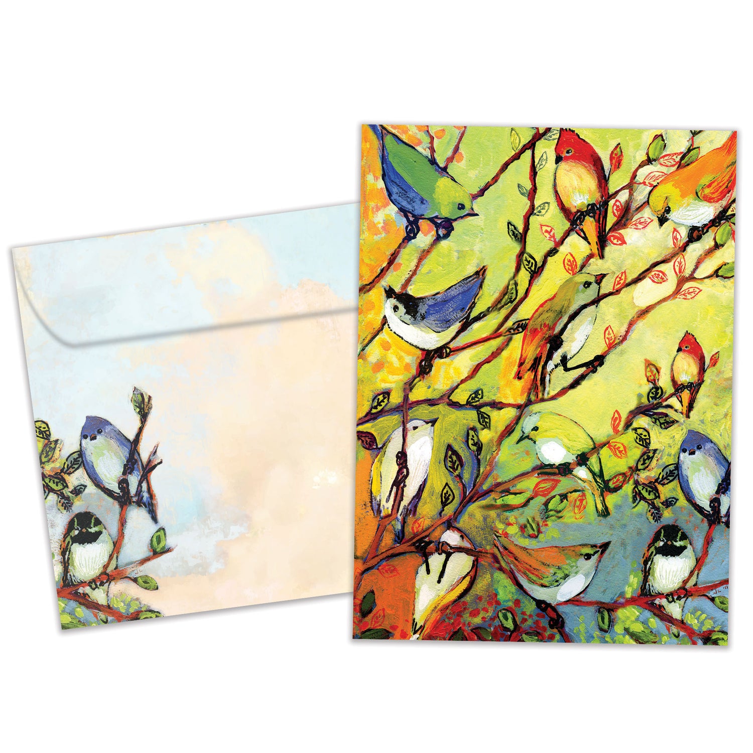 Front view of a colourful All Occasion greeting card and matching envelope featuring vibrant birds in a tree, perfect for celebrating special occasions.