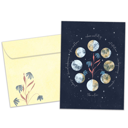 Front view of an All Occasion greeting card and matching envelope with words of encouragement on a dark-coloured background.