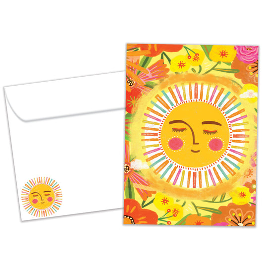 Front view of an All Occasion greeting card and matching envelope with a cheerful sun and brightly coloured flowers illustration.
