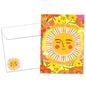 Front view of an All Occasion greeting card and matching envelope with a cheerful sun and brightly coloured flowers illustration.