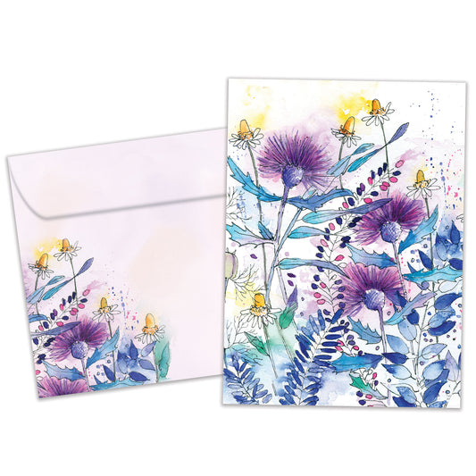 Front view of an All Occasion greeting card and matching envelope featuring purple and blue flowers on a white background.