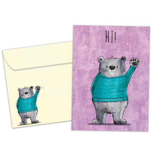 Front view of an All Occasion greeting card and matching envelope featuring a friendly bear waving hi.