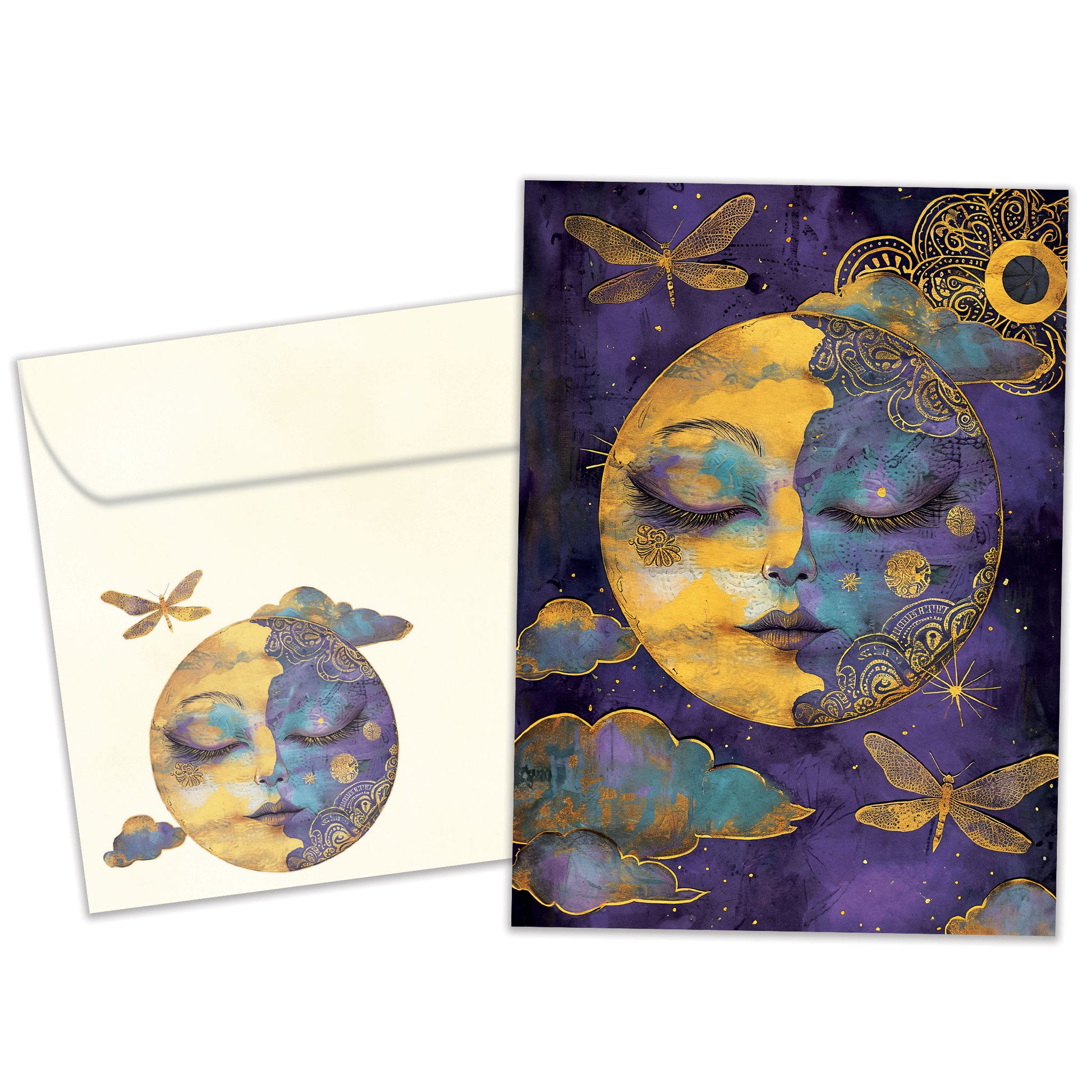 Front view of an All Occasion greeting card and matching envelope featuring a golden serene moon against a purple night sky.