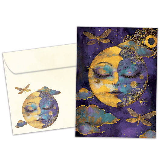 Front view of an All Occasion greeting card and matching envelope featuring a golden serene moon against a purple night sky.