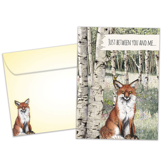 Front view of an All Occasion greeting card and matching envelope featuring a charming fox with the words 'just between you and me...'