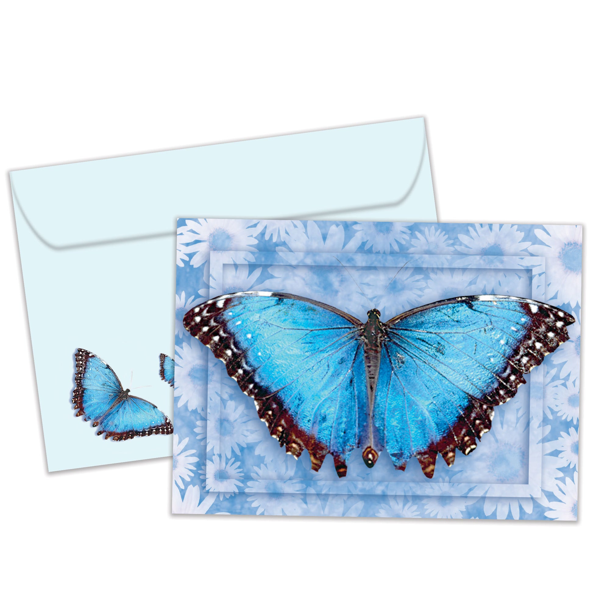 Front view of an All Occasion greeting card and matching envelope featuring a vibrant blue butterfly on a beautiful blue floral background.