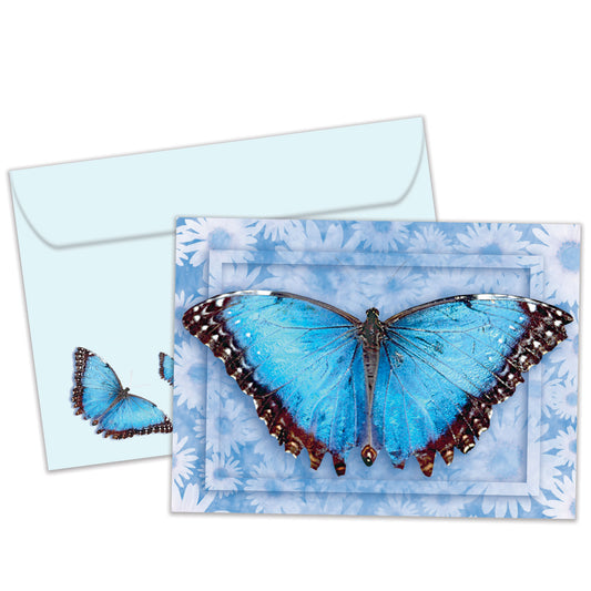Front view of an All Occasion greeting card and matching envelope featuring a vibrant blue butterfly on a beautiful blue floral background.