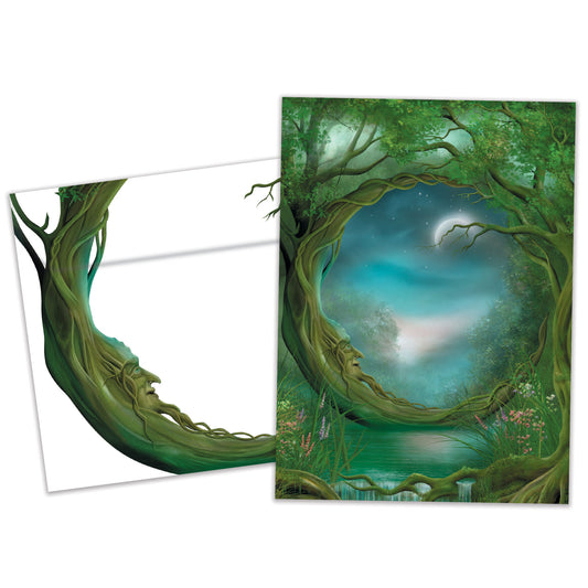 Front view of an All Occasion greeting card and matching envelope featuring a majestic tree set in a mystical forest, surrounded by enchanting details.