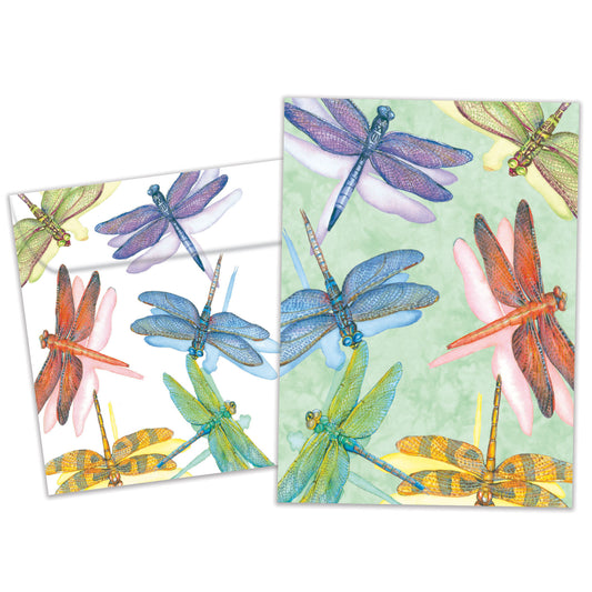 Front view of an All Occasion greeting card and matching envelope showcasing dragonflies gracefully illustrated on a light green background.