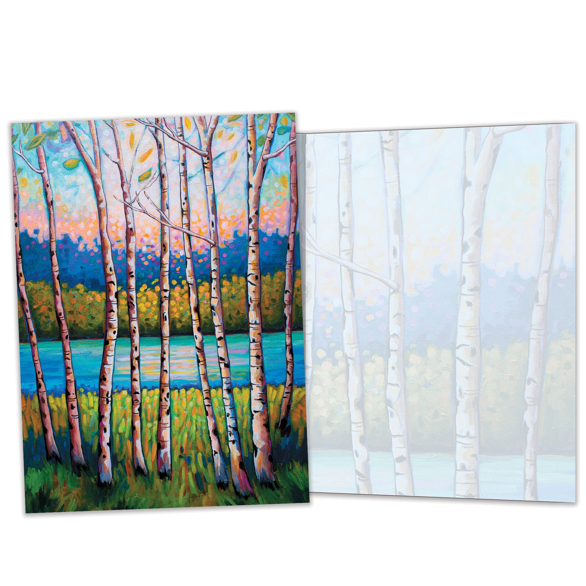 Front and inside view of an All Occasion greeting card featuring a peaceful forest and stream illustration with matching design details inside.