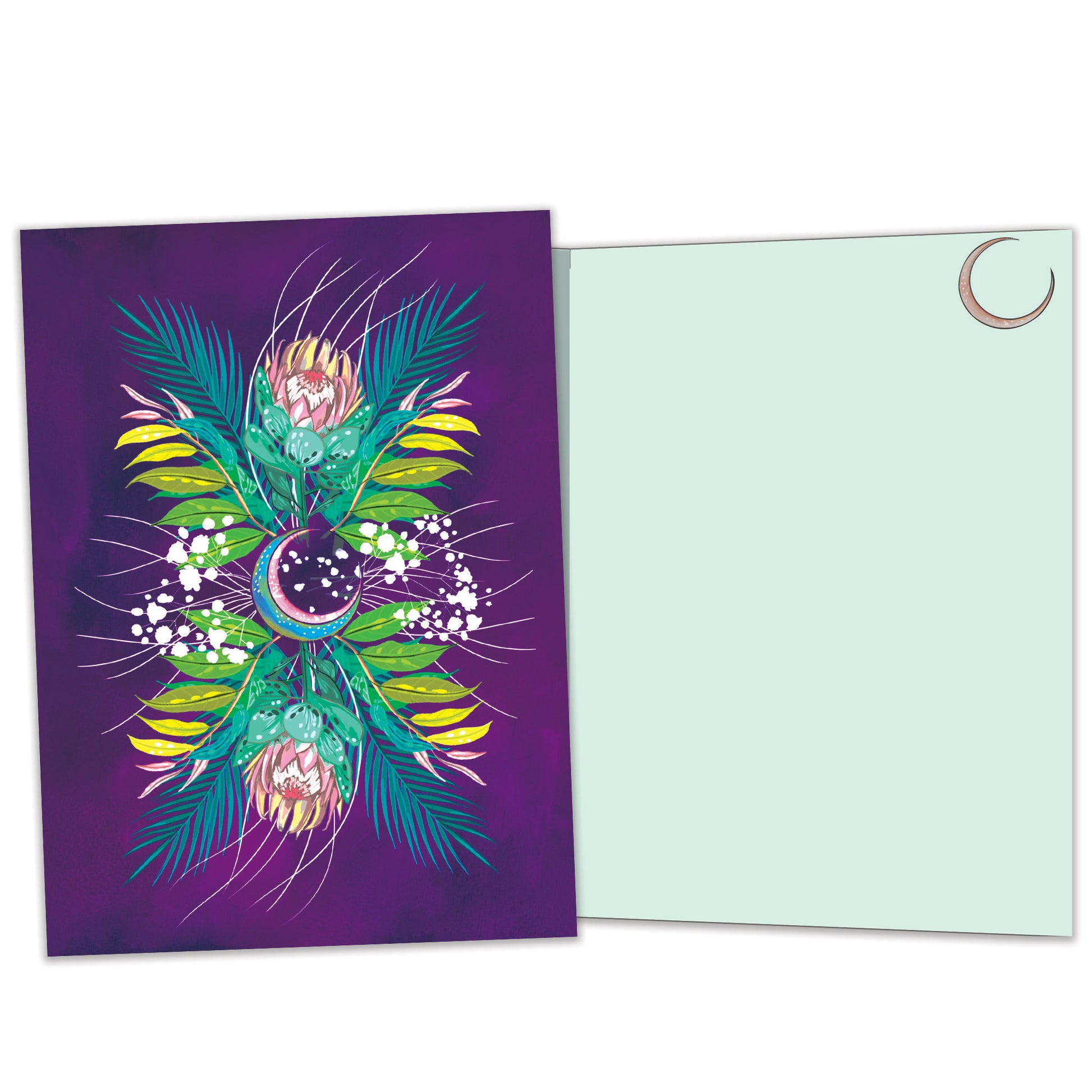 Front and inside view of an All Occasion greeting card featuring colourful foliage and the moon, with matching design details inside.