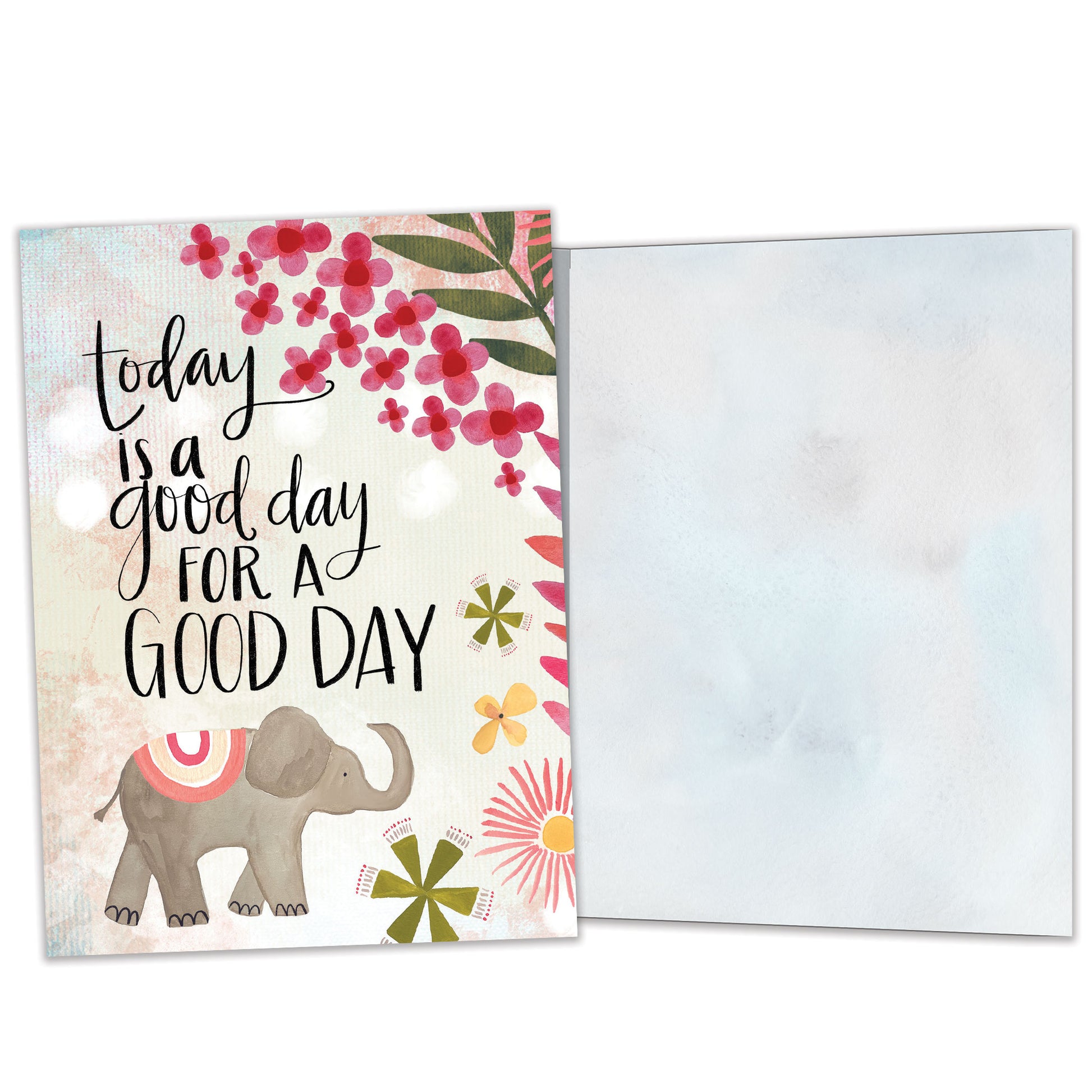 Front and inside view of an All Occasion greeting card featuring an elephant and flowers with a cheerful message, with matching design details inside.