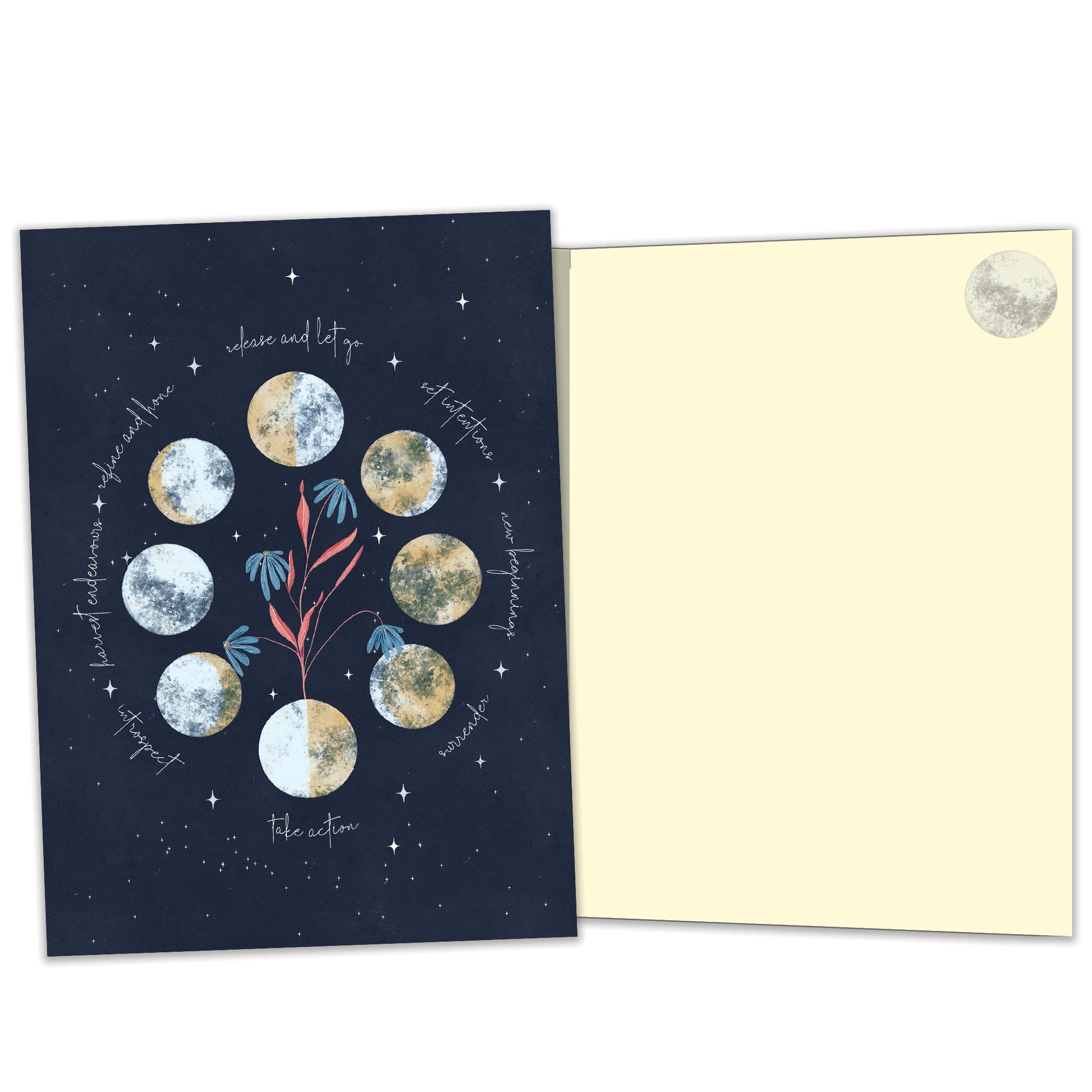 Front and inside view of an All Occasion greeting card with encouraging words on a dark background, featuring matching design details inside.