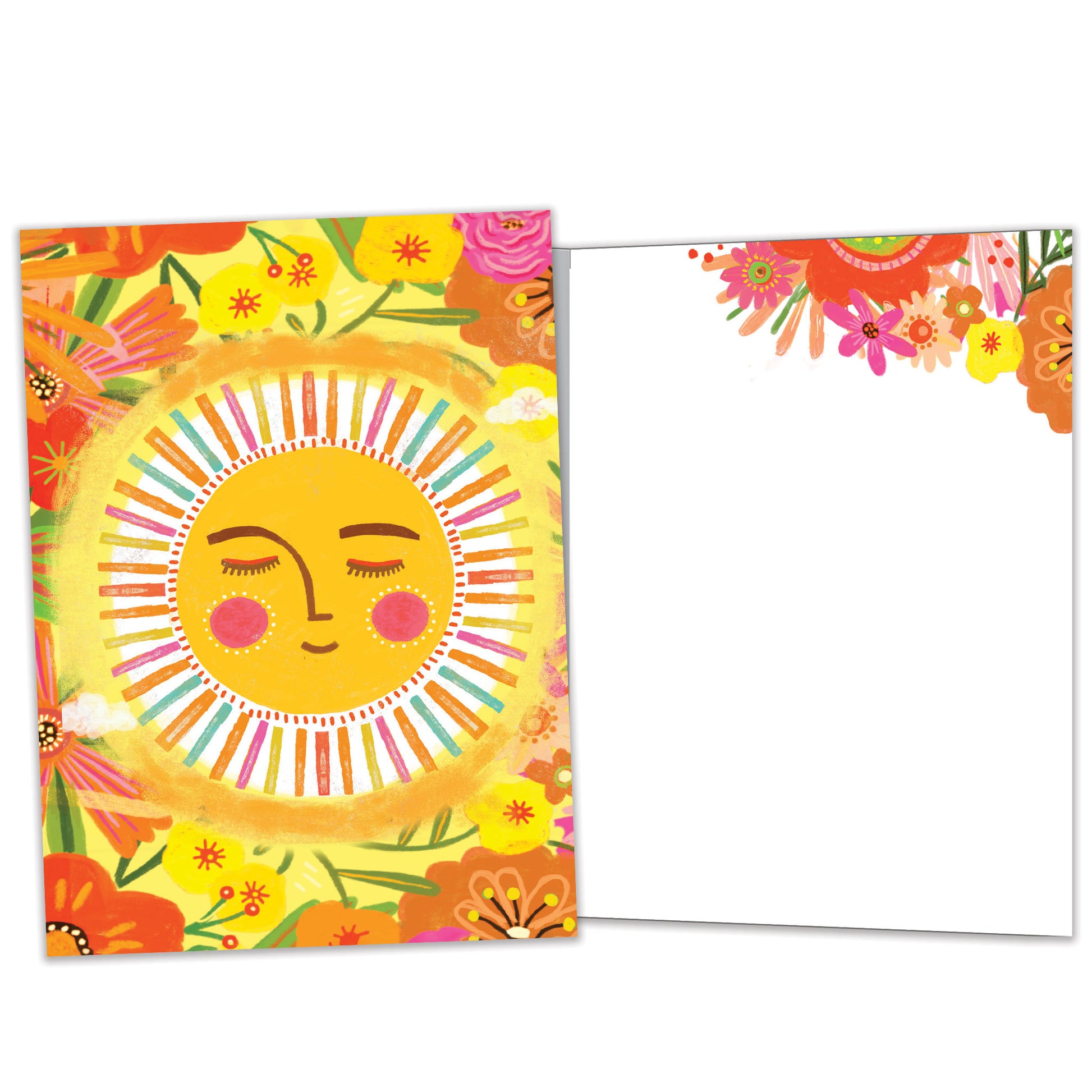 Front and inside view of an All Occasion greeting card with a joyful sun and colourful flowers, featuring matching details on the inside.