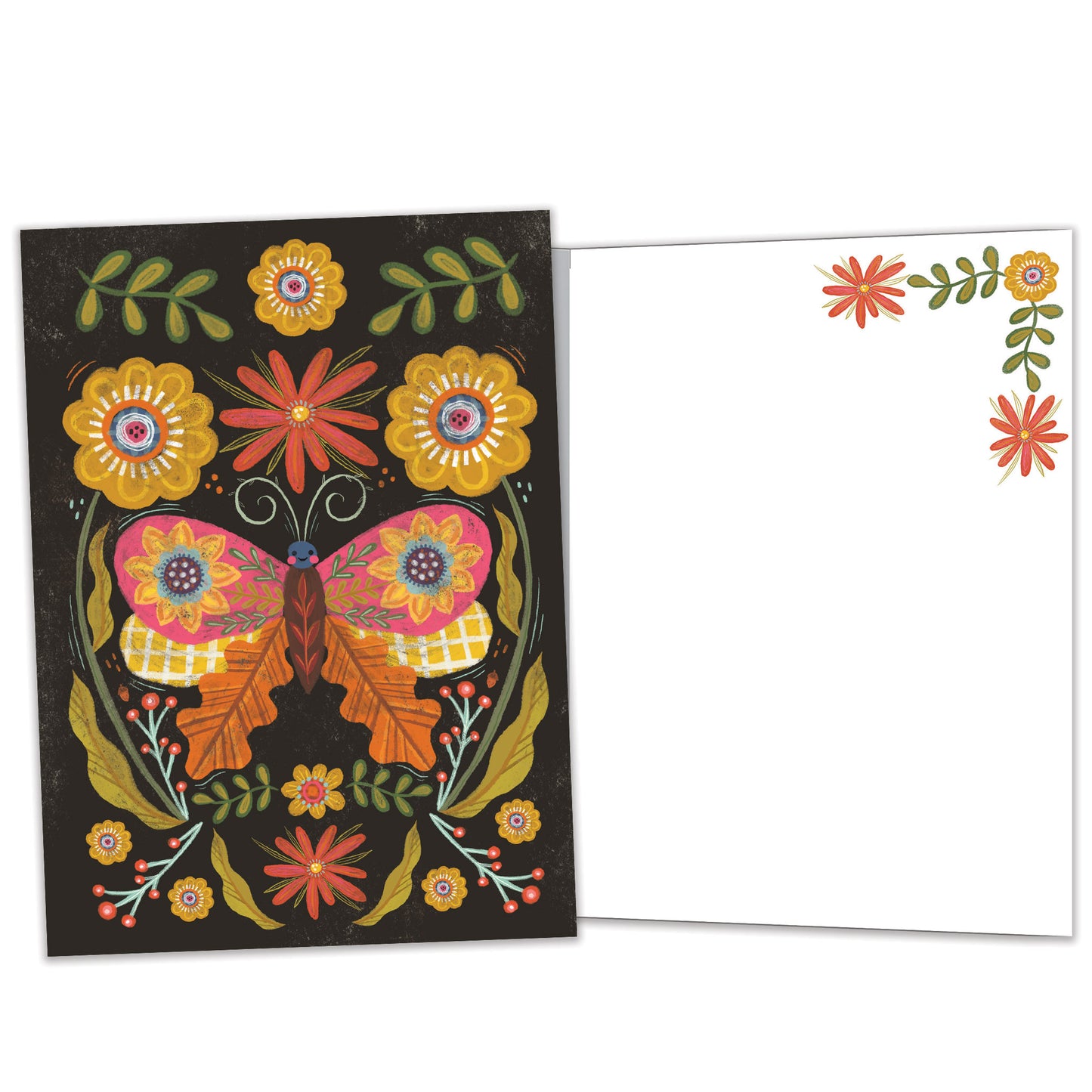 Front and inside view of an All Occasion greeting card with butterfly and floral design on a dark background, featuring matching inside details.