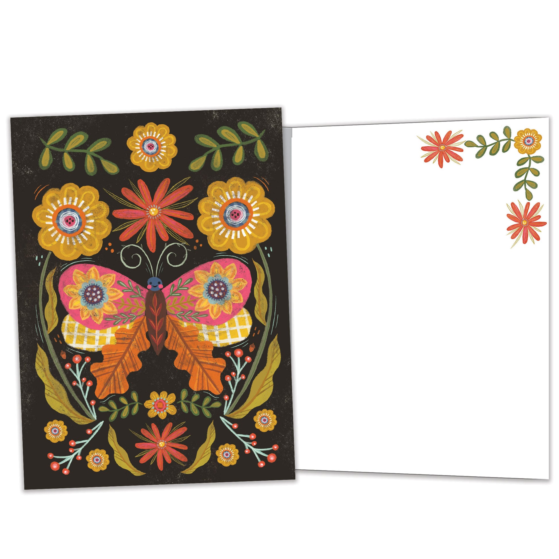 Front and inside view of an All Occasion greeting card with butterfly and floral design on a dark background, featuring matching inside details.