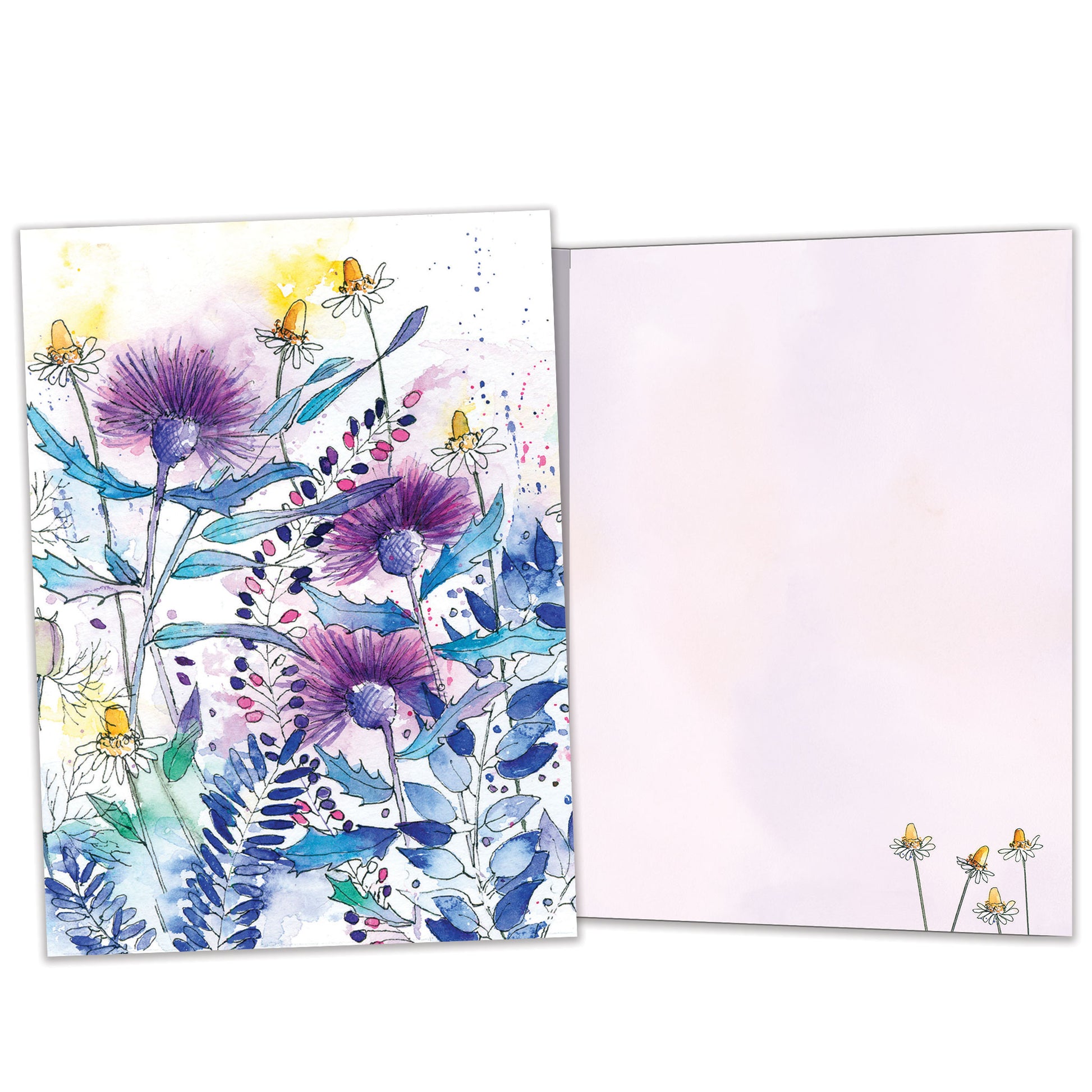 Front and inside view of an All Occasion greeting card with purple and blue flowers on a white background, featuring matching details on the inside.