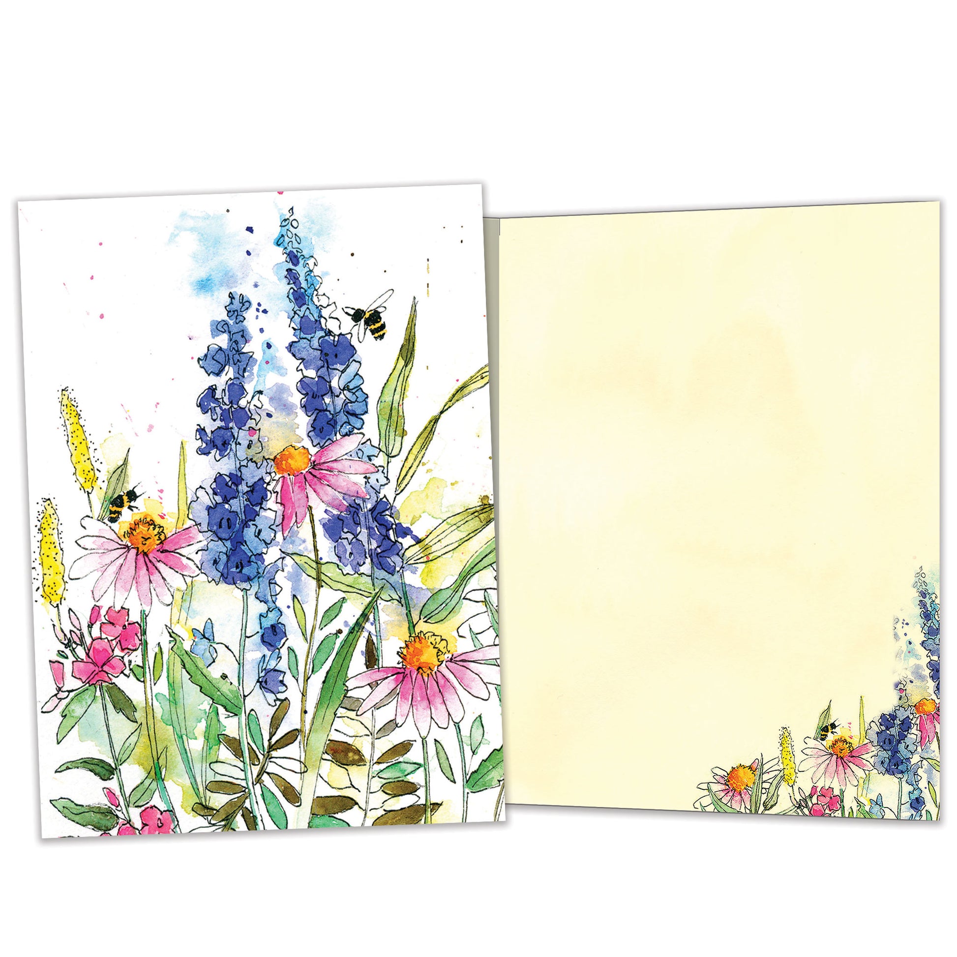 Front and inside view of an All Occasion greeting card with wildflowers and bees on a white background, featuring matching details on the inside.
