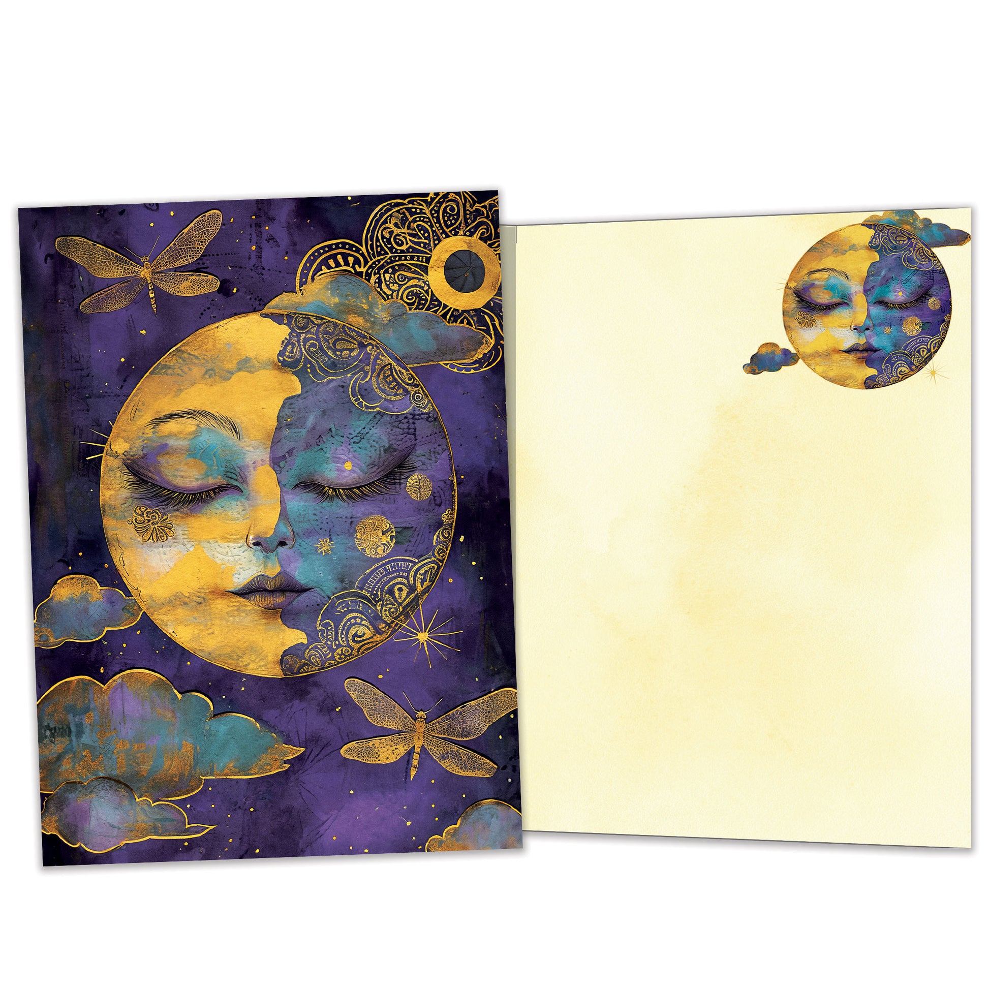 Front and inside view of an All Occasion greeting card featuring a golden serene moon on a purple night sky, featuring matching details on the inside.