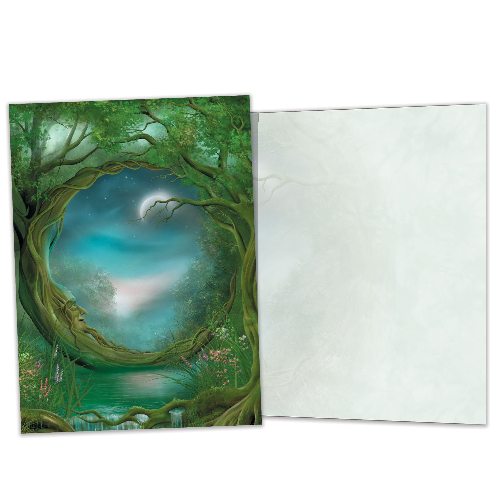 Front and inside view of an All Occasion greeting card featuring a mystical tree in a forest setting, featuring matching details on the inside.