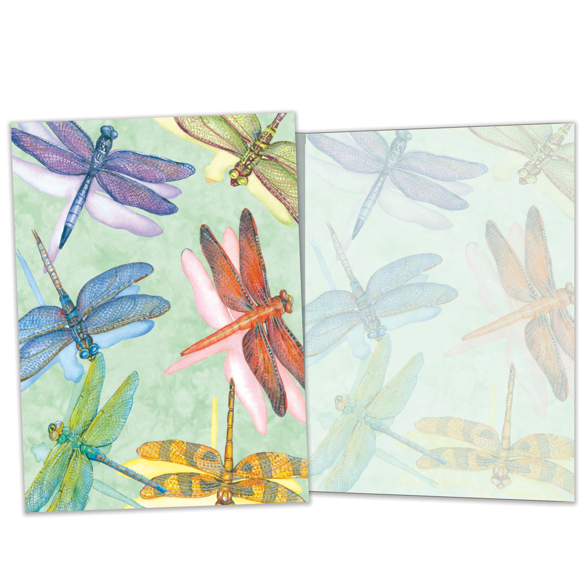 Front and inside view of an All Occasion greeting card showcasing dragonflies on a light green background, featuring matching details on the inside.