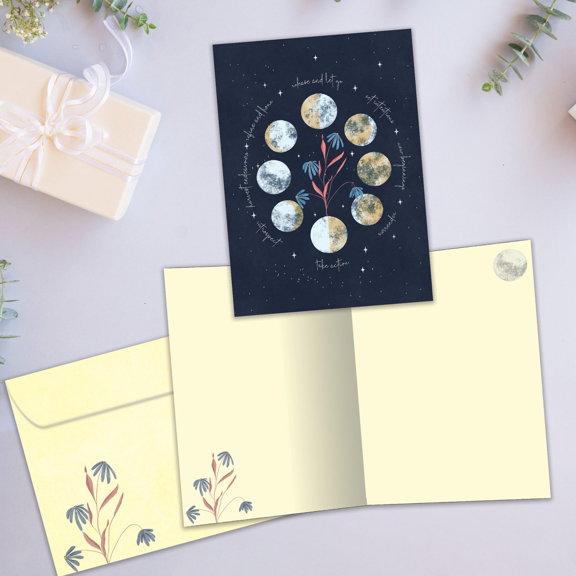 Front and inside view of an All Occasion greeting card featuring uplifting words on a dark-coloured background, plus a matching envelope.
