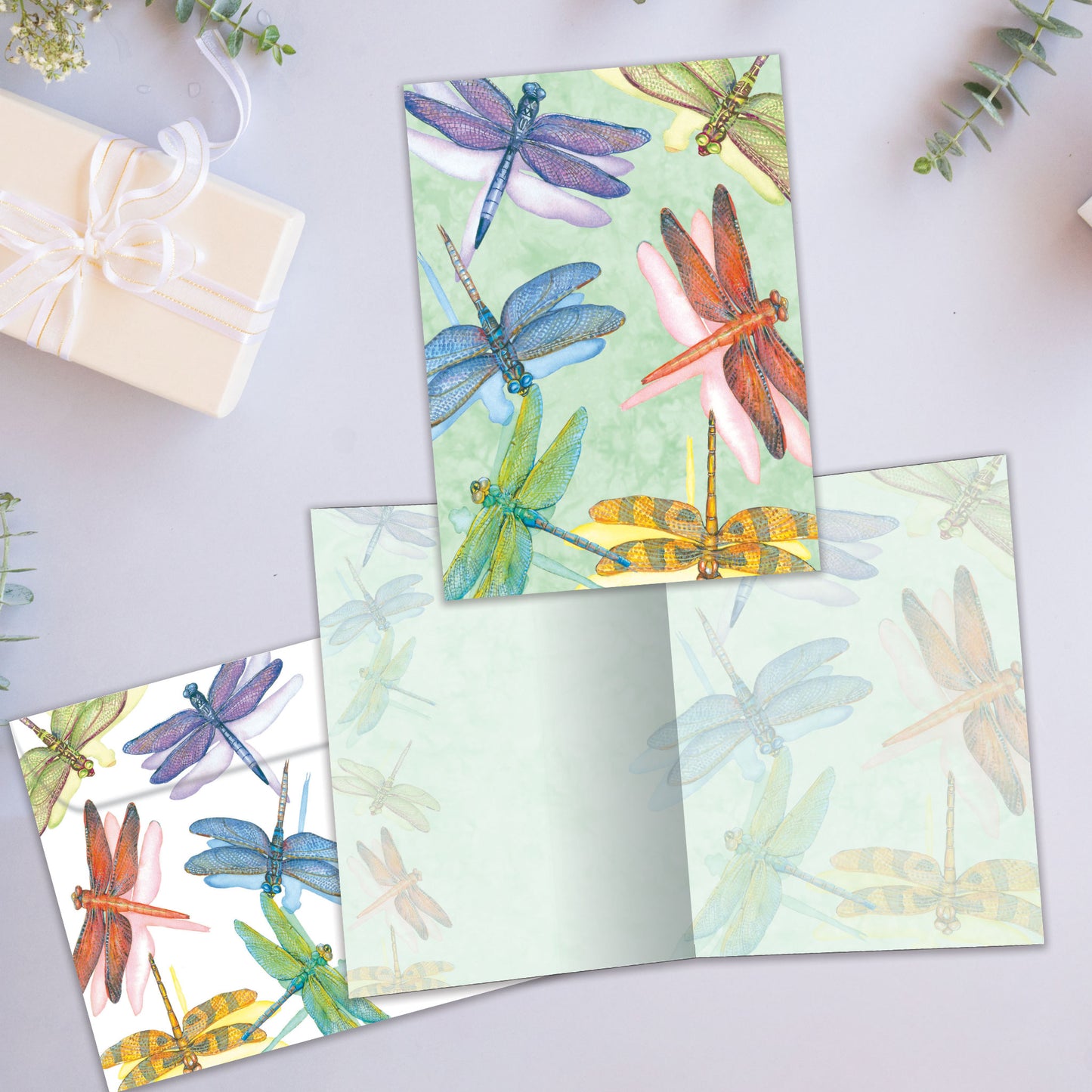 Front and inside view of an All Occasion greeting card featuring dragonflies on a light green background, with a matching envelope design.