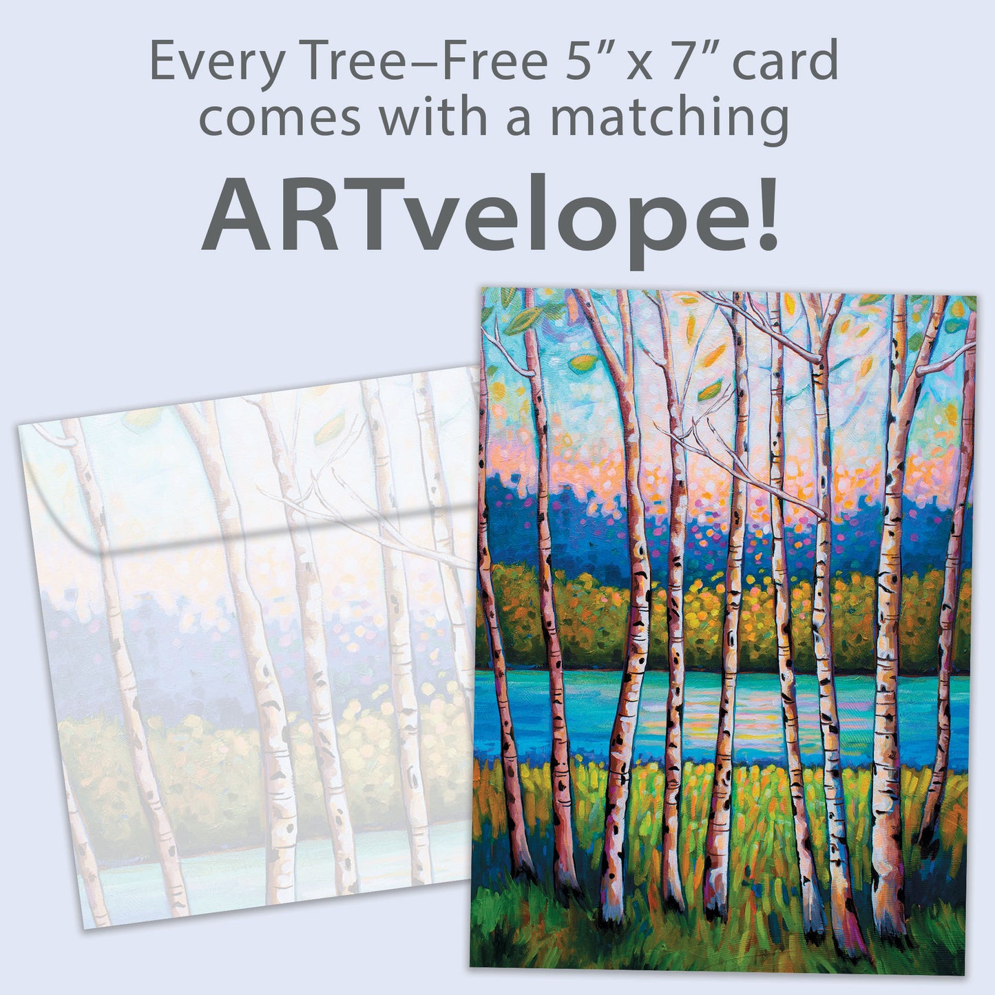 Front view of an All Occasion greeting card with a serene forest and stream illustration, along with matching envelope artwork.