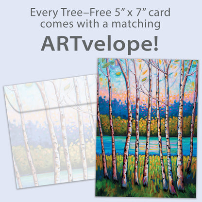Front view of an All Occasion greeting card with a serene forest and stream illustration, along with matching envelope artwork.