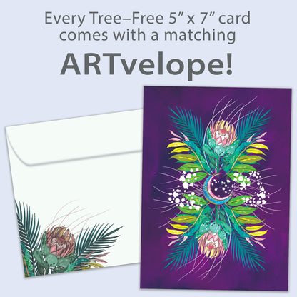 Front view of an All Occasion greeting card showcasing a vibrant illustration of foliage and the moon, with matching envelope artwork.