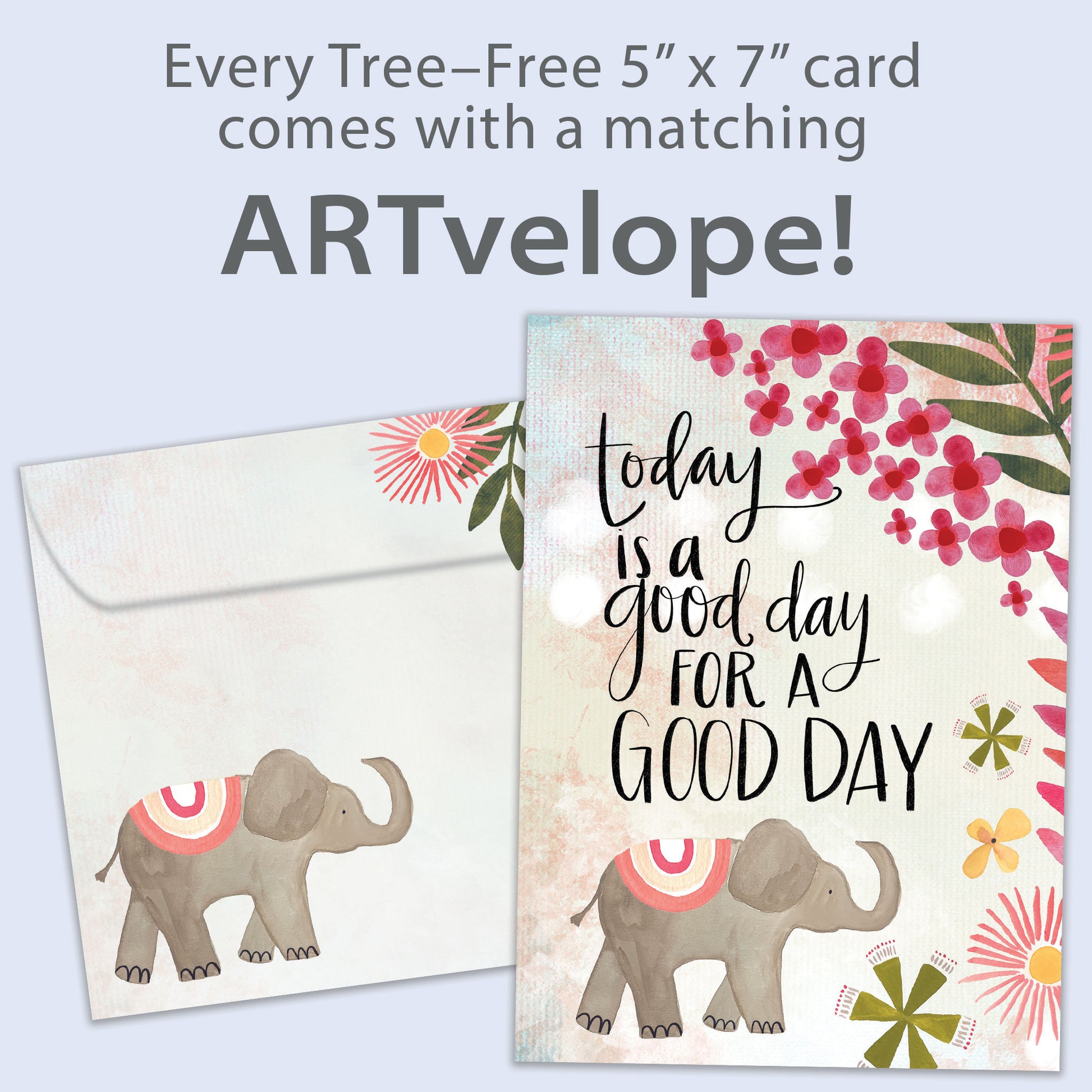 Front view of an All Occasion greeting card showcasing an elephant and flowers with a good day message, along with matching envelope artwork.