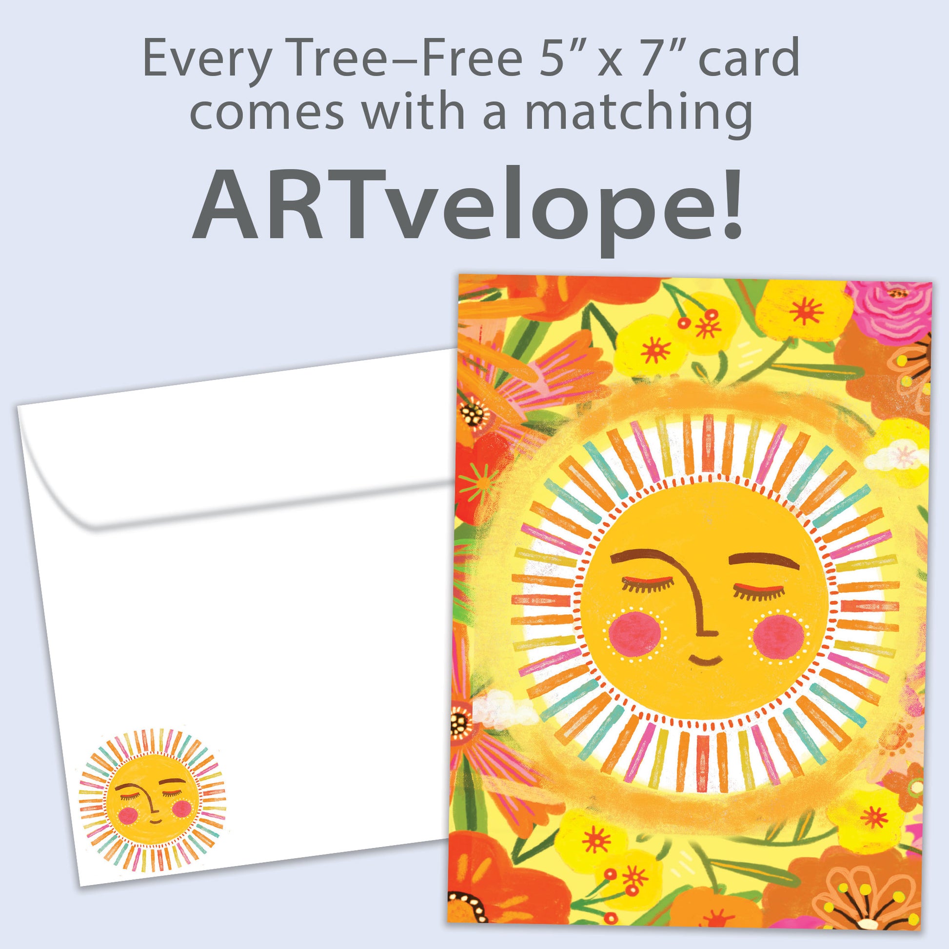 Front view of an All Occasion greeting card with a bright sun and colourful flowers illustration, with matching envelope artwork.