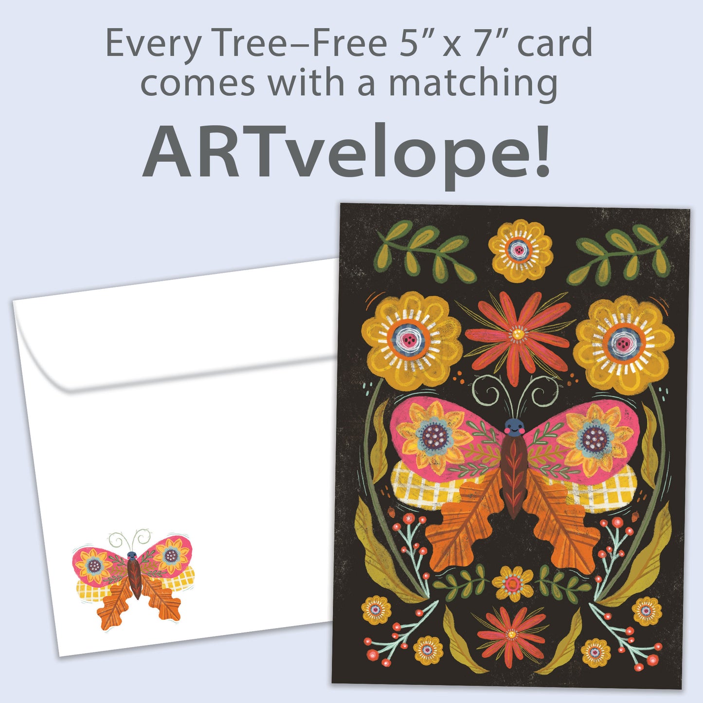 Front view of an All Occasion greeting card with a butterfly and floral design on a dark background, along with matching envelope artwork.