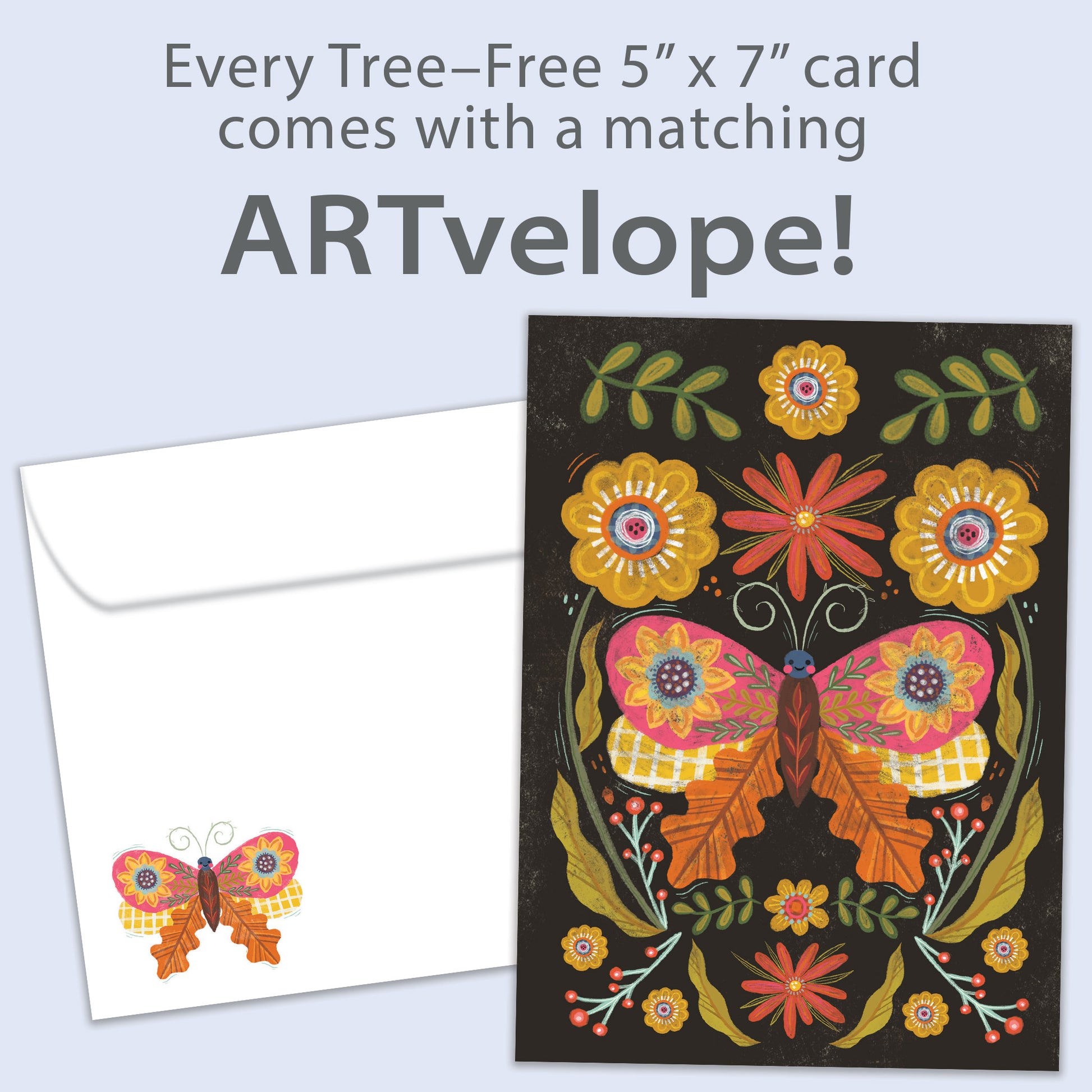 Front view of an All Occasion greeting card with a butterfly and floral design on a dark background, along with matching envelope artwork.