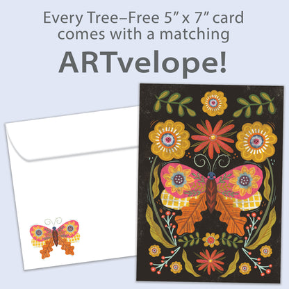 Front view of an All Occasion greeting card with a butterfly and floral design on a dark background, along with matching envelope artwork.