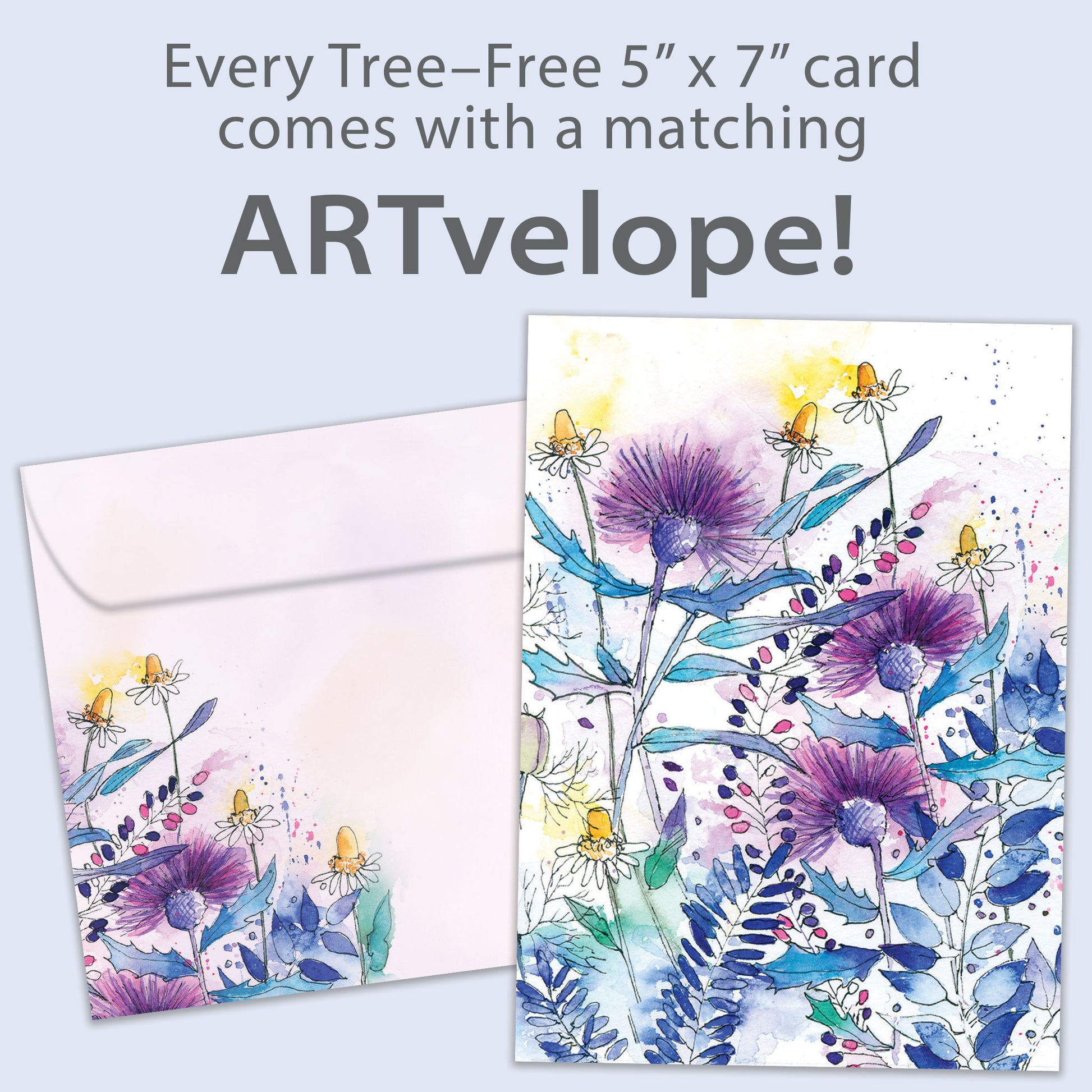 Front view of an All Occasion greeting card showcasing purple and blue flowers on a white background along with matching envelope artwork.