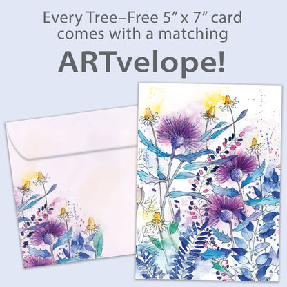 Front view of an All Occasion greeting card showcasing purple and blue flowers on a white background along with matching envelope artwork.