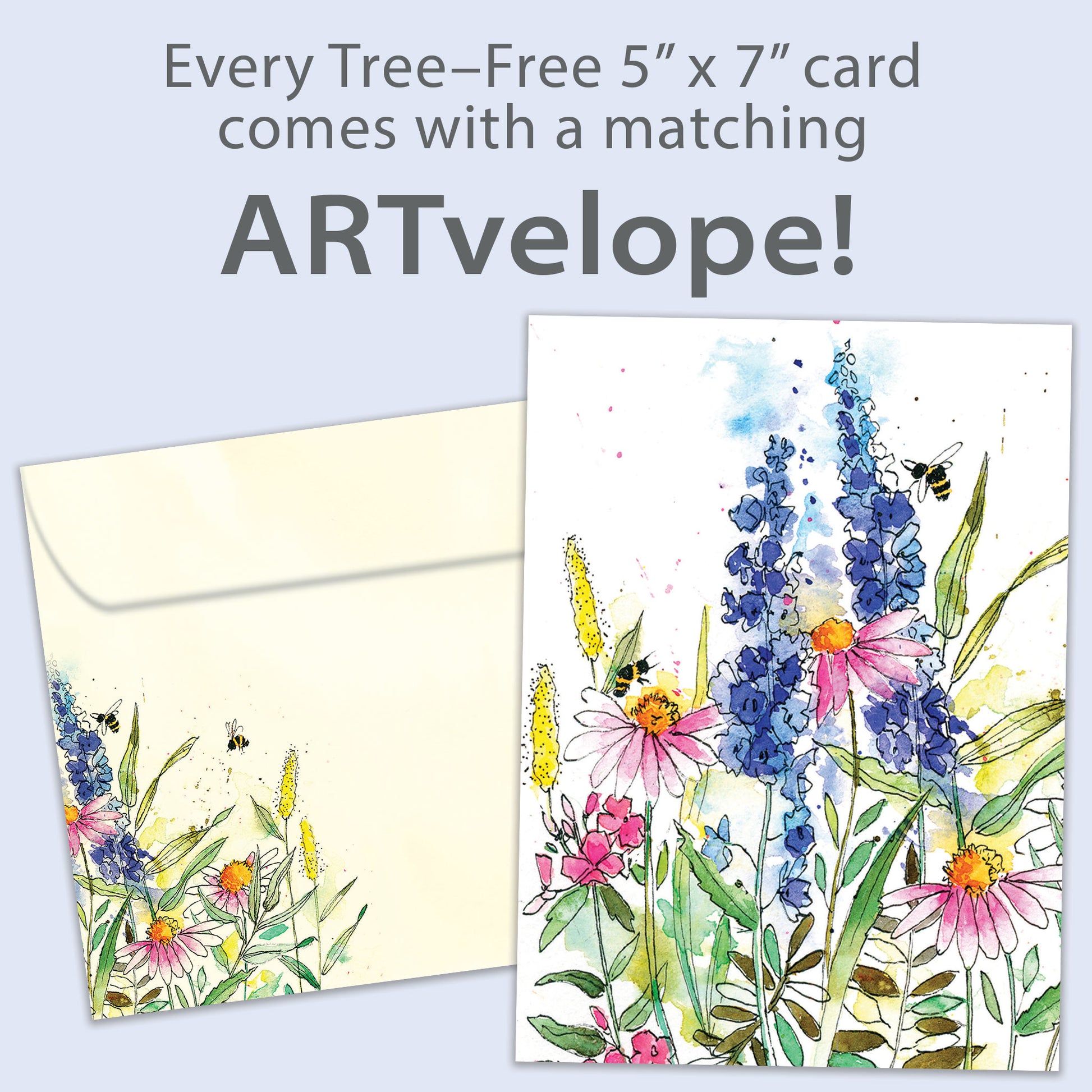 Front view of an All Occasion greeting card showcasing wildflowers and bees on a white background along with matching envelope artwork.