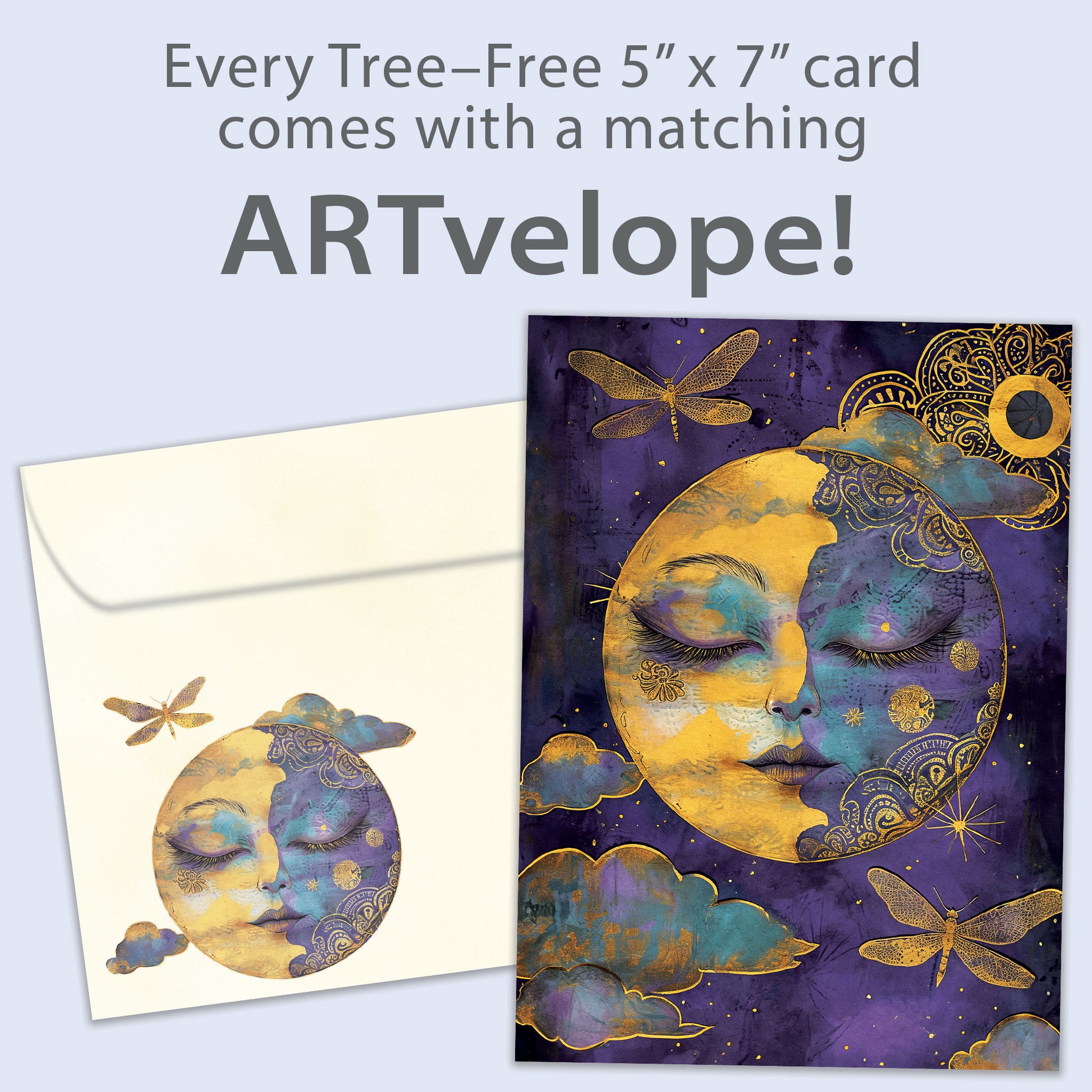 Front view of an All Occasion greeting card showcasing a golden serene moon against a purple night sky, along with matching envelope artwork.