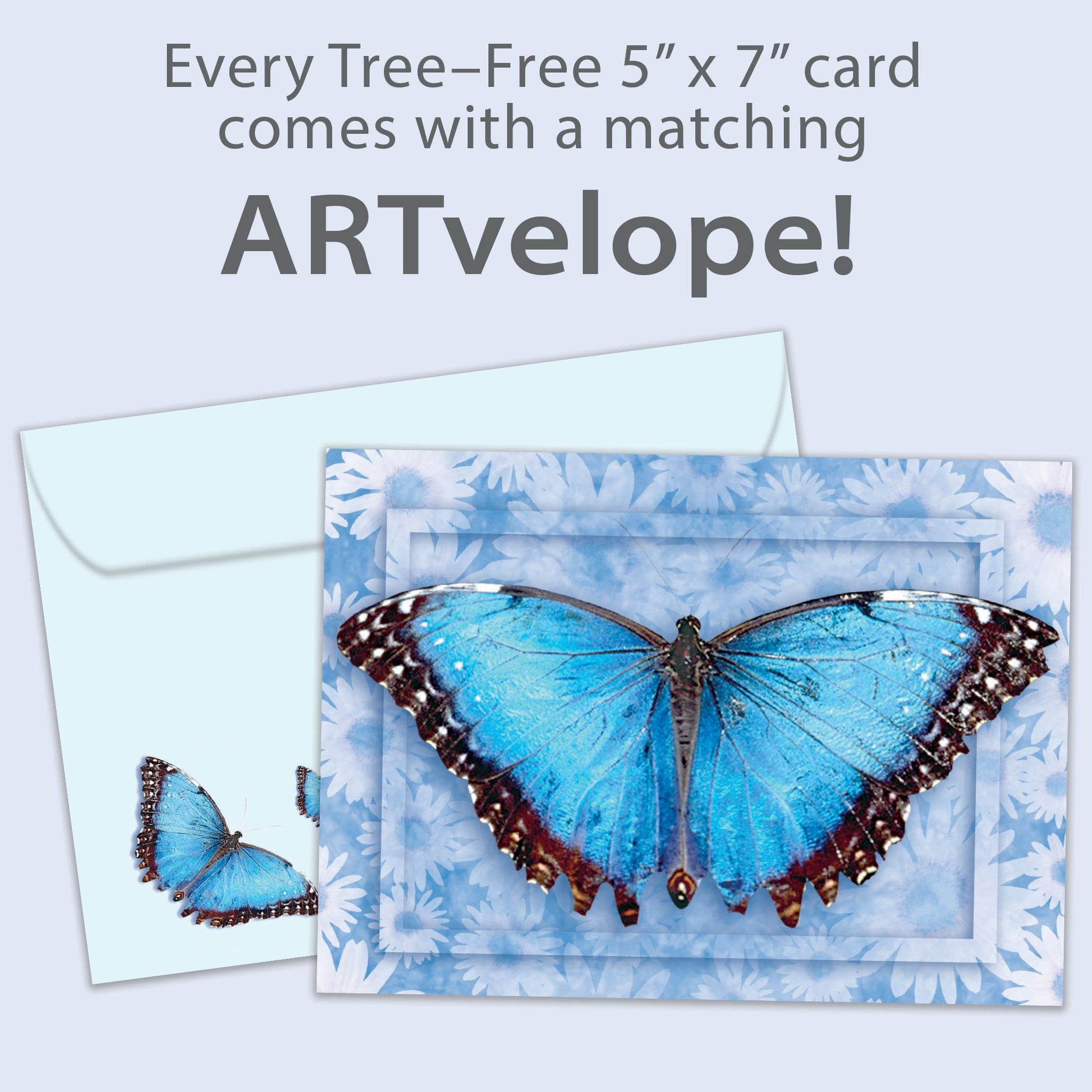 Front view of an All Occasion greeting card displaying a vibrant blue butterfly on a floral background, with matching envelope artwork.