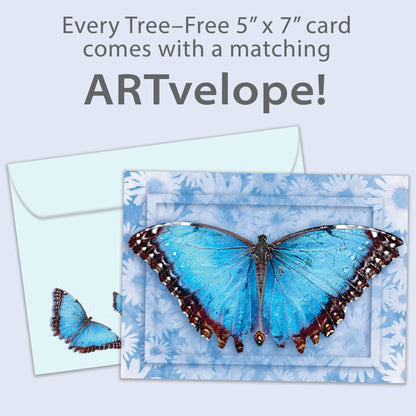 Front view of an All Occasion greeting card displaying a vibrant blue butterfly on a floral background, with matching envelope artwork.