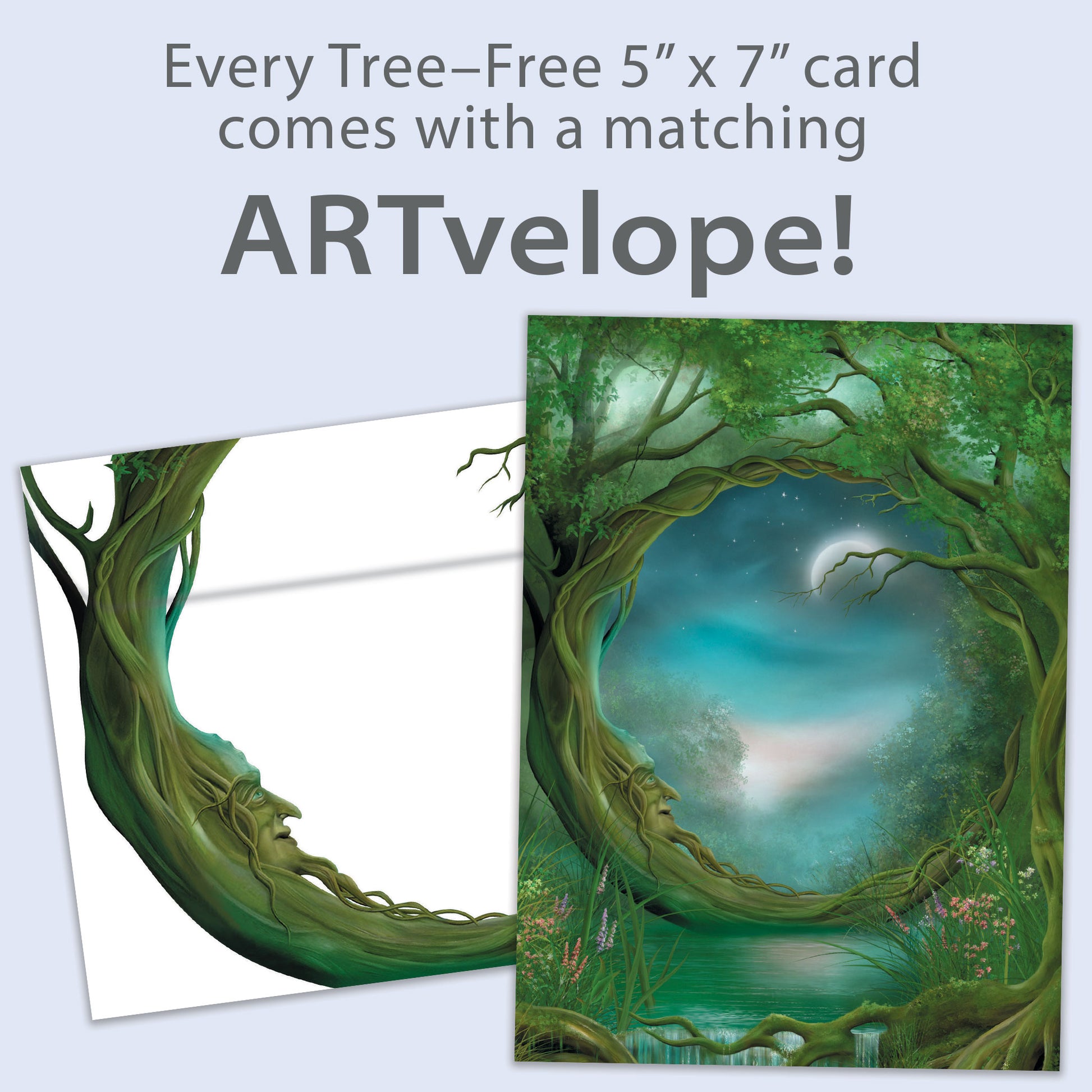 Front view of an All Occasion greeting card displaying a stunning tree in a mystical forest setting, with matching envelope artwork.
