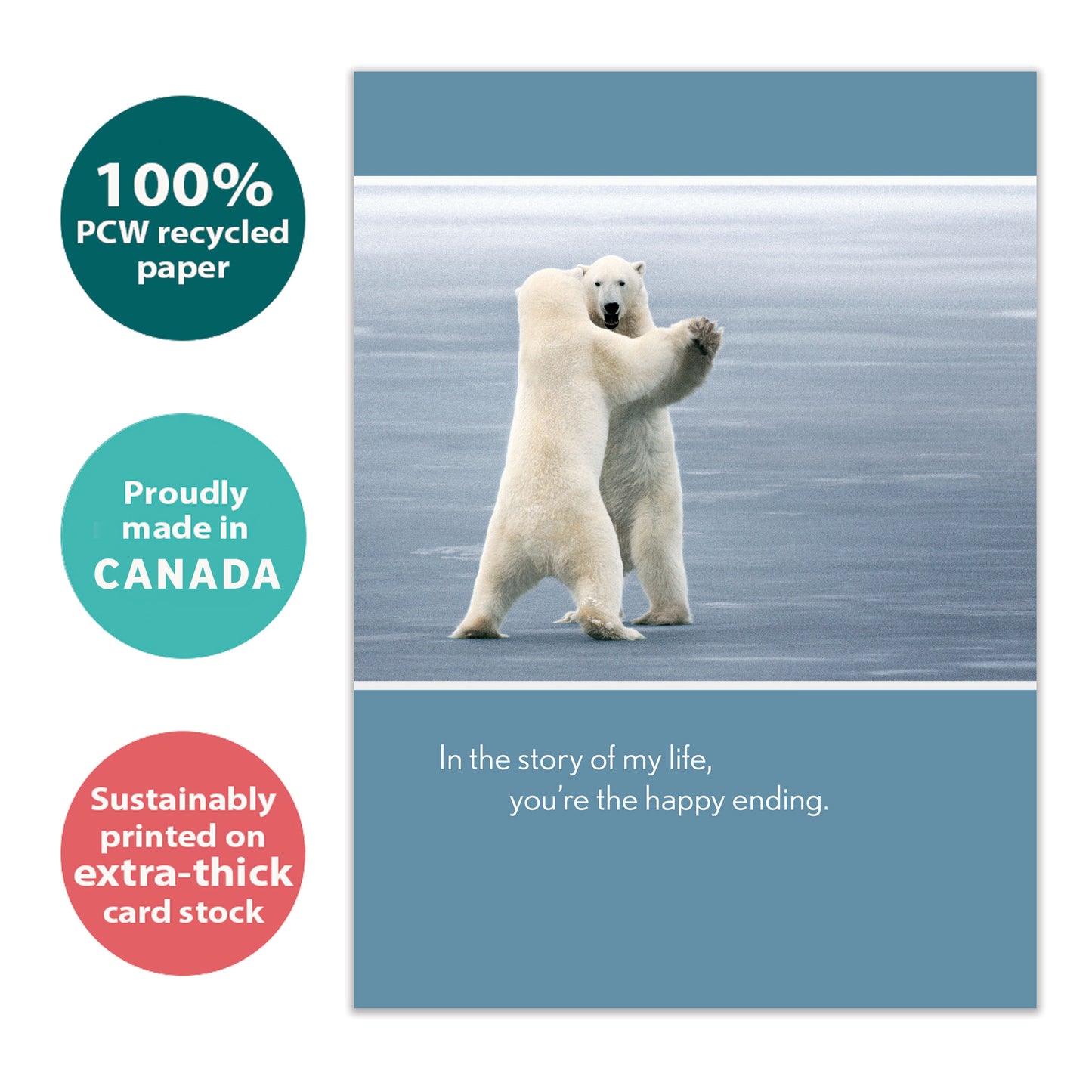 Front view of an Anniversary greeting card with two polar bears dancing, highlighting its eco-friendly materials and made in Canada.