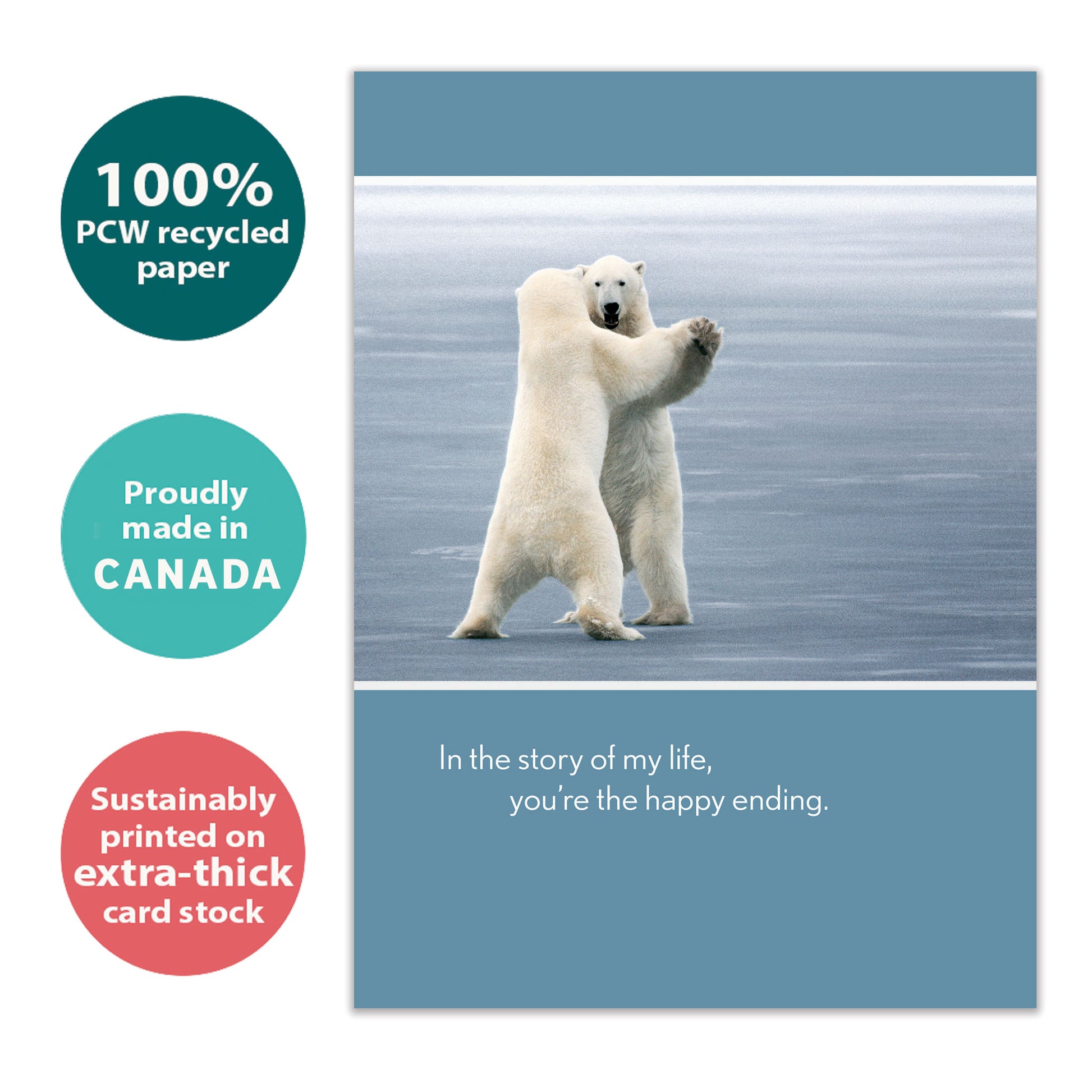 Front view of an Anniversary greeting card with two polar bears dancing, highlighting its eco-friendly materials and made in Canada.